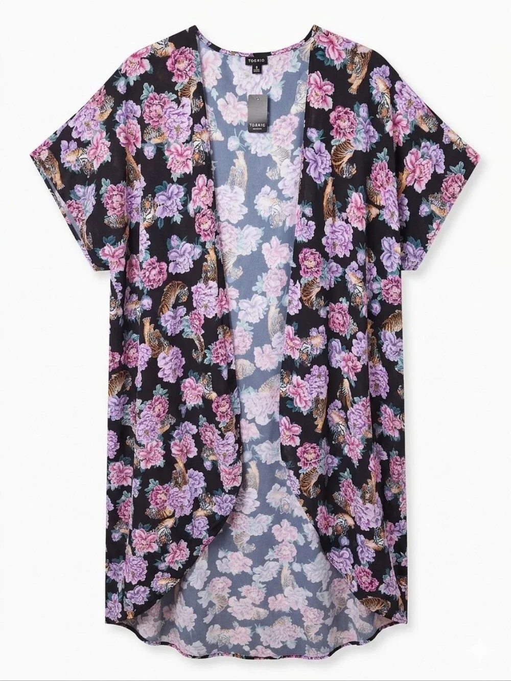 Torrid Tiger & Floral High-Low Kimono Cover Up Size 3/4 NWT Boho Festival